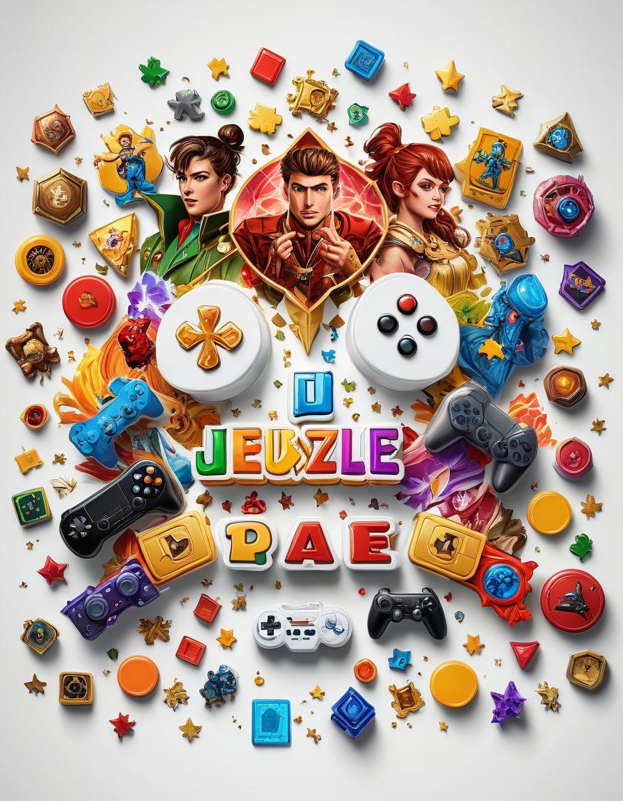 A vibrant collage featuring a range of online games: thrilling action scenes with dynamic characters, mind-bending puzzle pieces interlocking, a whimsical fantasy world, and interactive arcade classics. Include the logo of JeuxJeuxJeux prominently in the center, surrounded by colorful game icons and controllers. super-realistic. vibrant colors. white background.