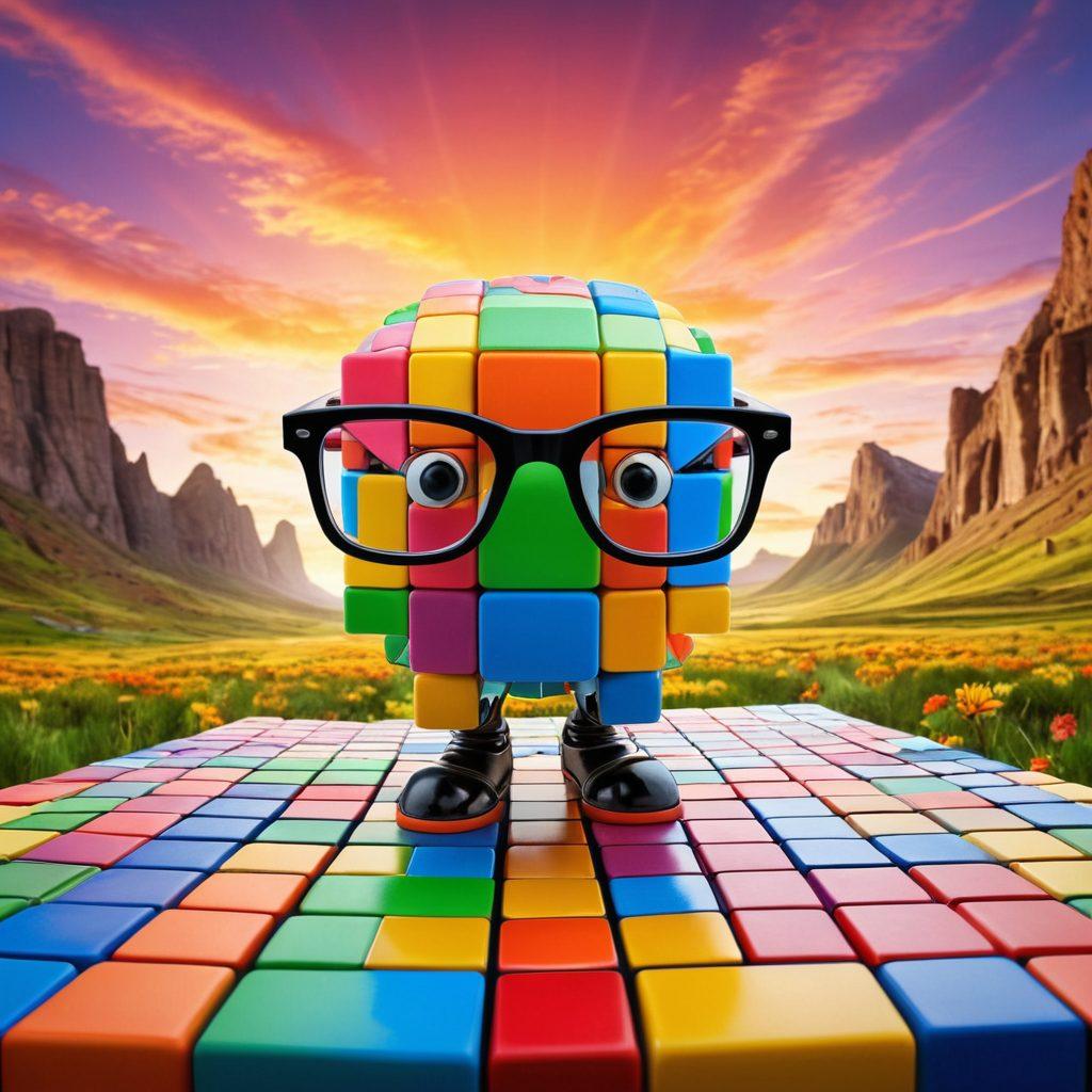 A whimsical, vibrant scene featuring a variety of puzzle elements: a Rubik's cube, Sudoku grid, crossword puzzle, and a jigsaw puzzle piece seamlessly blending into an enchanting fantasy landscape. Ensure there's a playful brain character wearing glasses, actively engaging with the puzzles. The background should be a colorful mix of abstract patterns and playful shapes, giving a sense of fun and challenge. dynamic and lively. vibrant colors. 3D. 
